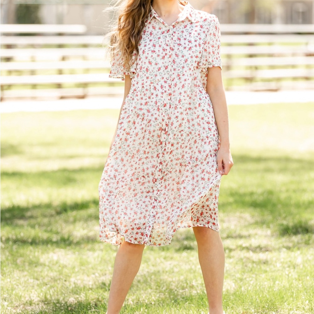 Polagram Pink and White Floral Midi Dress by Inherit Co.